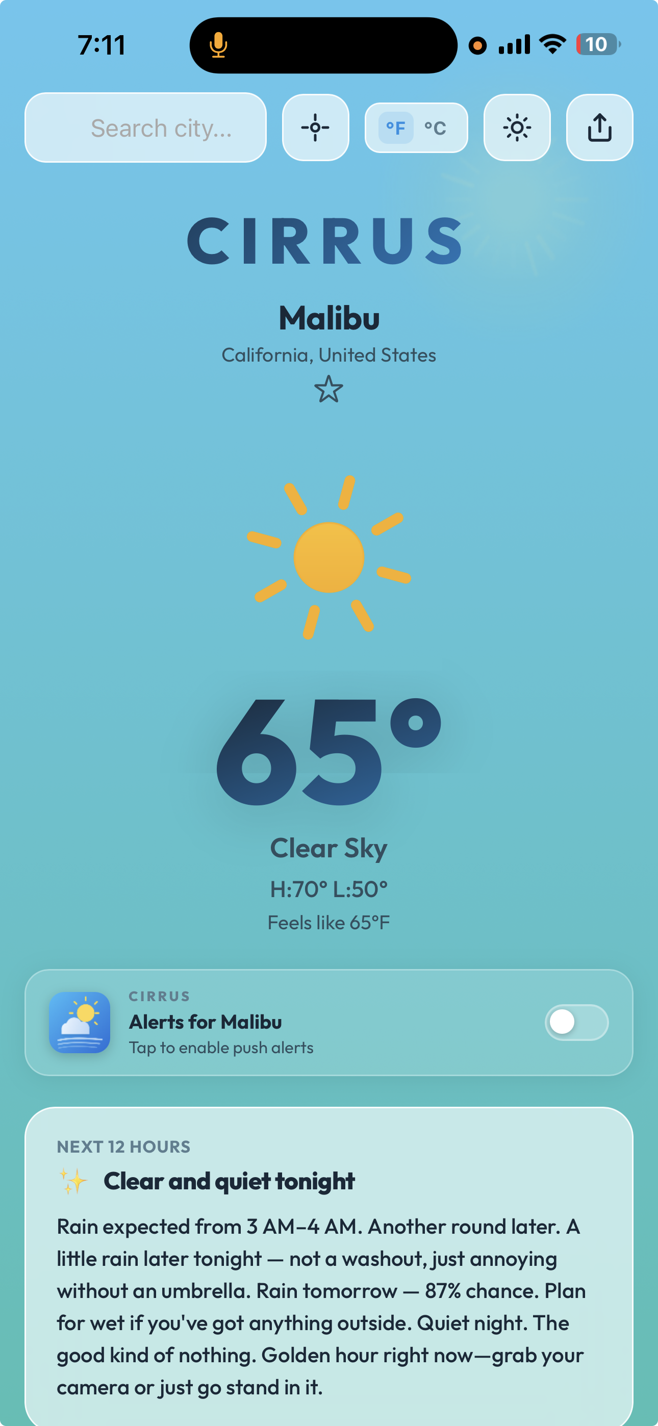 Cirrus weather app — Malibu, Clear Sky 65°