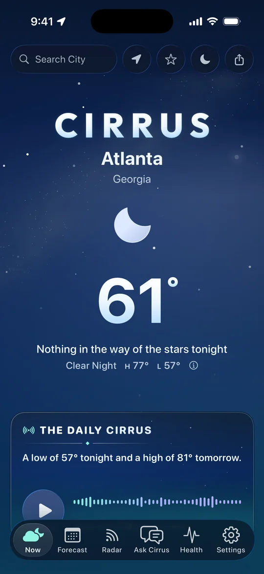 Cirrus on iPhone in Atlanta at night: 61 degrees and a clear night, high 77, low 57, with the stars out and the Daily Cirrus card below.