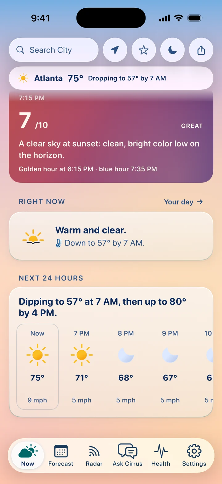 Cirrus in Atlanta at 6:40 PM: Tonight’s Sunset, 7 out of 10, great, with golden hour at 6:15 PM. Then Right Now: warm and clear, down to 57 by 7 AM. Then Next 24 Hours: dipping to 57 at 7 AM, then up to 80 by 4 PM, hour by hour.