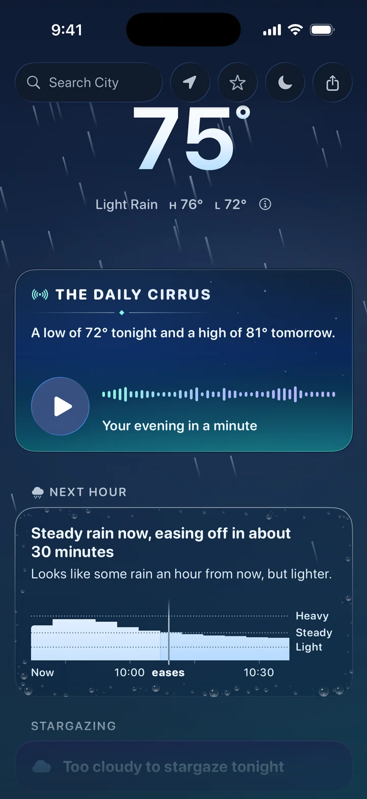 Next Hour in Cirrus in Jacksonville, Florida, in steady rain: steady rain now, easing off in about 30 minutes, some lighter rain an hour from now, with the minute-by-minute chart below the Daily Cirrus card.