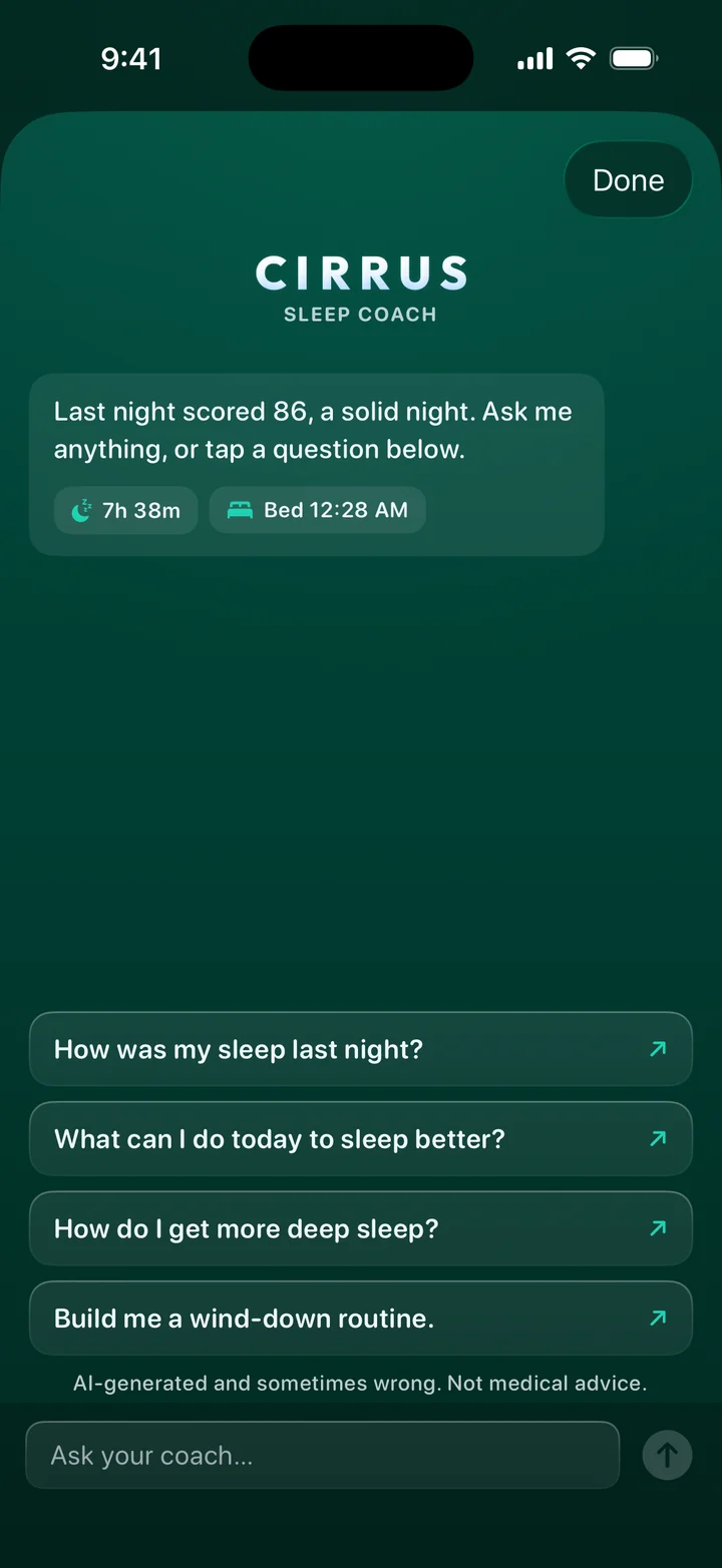 The Sleep Coach in Cirrus, with sample health data: last night scored 86, a solid night of 7 hours 38 minutes, with questions to tap and the note that answers are AI-generated.