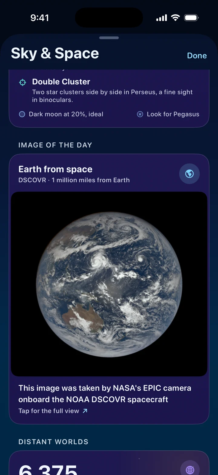 The Sky & Space page in Cirrus at night: tonight’s stargazing, then the Image of the Day, Earth from space, taken by the DSCOVR satellite 1 million miles from Earth, then Distant Worlds.