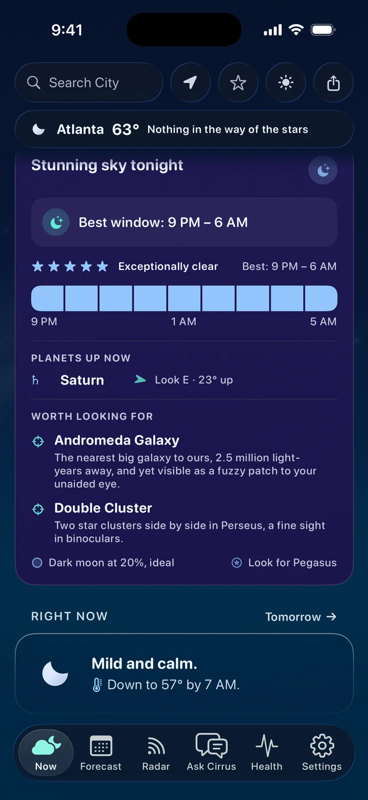 Stargazing in Cirrus at night in Atlanta: a stunning sky tonight, best window 9 PM to 6 AM, five stars, exceptionally clear. Saturn is up in the east, and the Andromeda Galaxy and the Double Cluster are worth looking for.