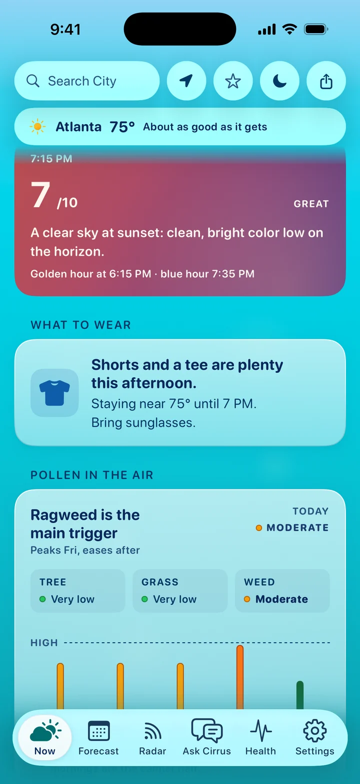 Cirrus in Atlanta: Tonight’s Sunset at 7:15 PM, 7 out of 10, great, a clear sky at sunset with clean, bright color low on the horizon. Then What to Wear: shorts and a tee are plenty this afternoon. Then Pollen in the Air: ragweed is the main trigger, moderate today.