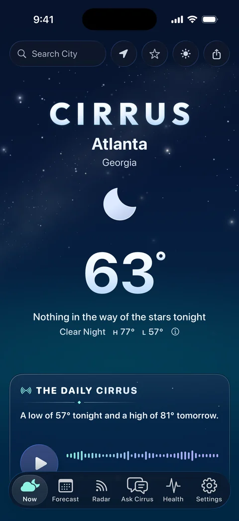 Cirrus on iPhone in dark mode on a clear night in Atlanta: 63 degrees and clear, high 77, low 57, the moon among the stars of a navy sky, nothing in the way of the stars tonight, and the Daily Cirrus card below: a low of 57 tonight and a high of 81 tomorrow.