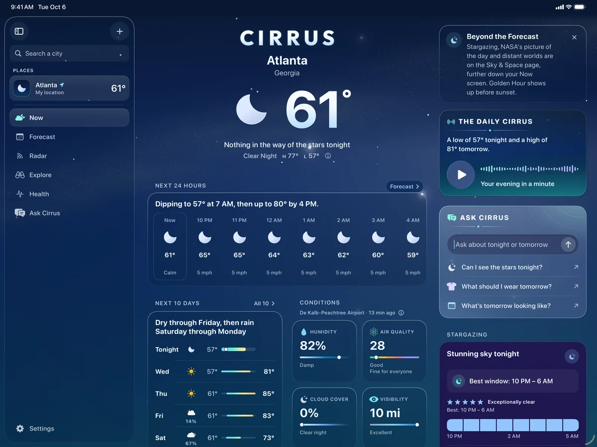 Cirrus on iPad in landscape in Atlanta at night: 61 degrees and a clear night, high 77, low 57. A sidebar with Now, Forecast, Radar, Explore, Health, and Ask Cirrus; the next 24 hours and the next 10 days in the middle; and on the right, the Daily Cirrus, Ask Cirrus, and Stargazing.