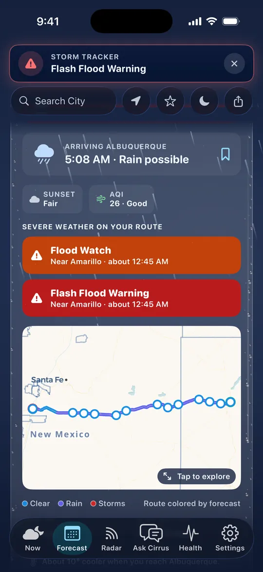 The Road Ahead in Cirrus: a night drive from Amarillo to Albuquerque, arriving at 5:08 AM with rain possible. Under Severe weather on your route, a Flood Watch and a Flash Flood Warning near Amarillo. The route map is colored by the forecast, clear in blue and rain in purple.