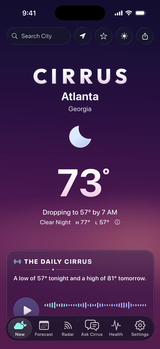Cirrus at dusk in dark mode, in Atlanta: deep violet, 73 degrees and a clear night.