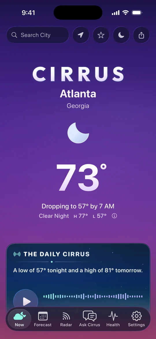 Cirrus at dusk in light mode, in Atlanta: the violet dusk, 73 degrees and a clear night, dropping to 57 by 7 AM.