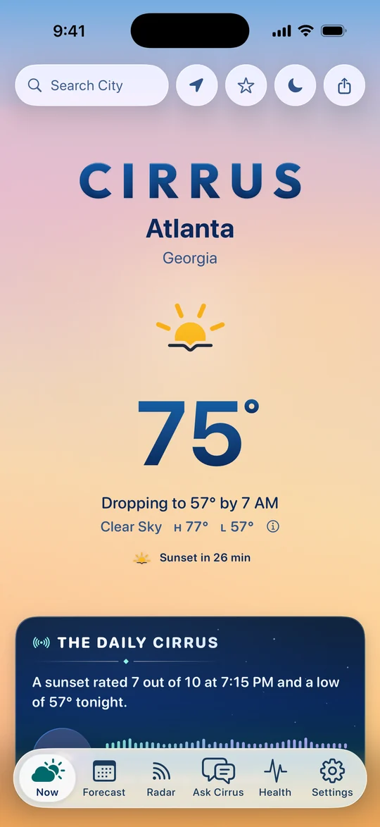 Cirrus at golden hour in light mode, in Atlanta: lavender into gold, 75 degrees and a clear sky, dropping to 57 by 7 AM, sunset in 26 minutes.