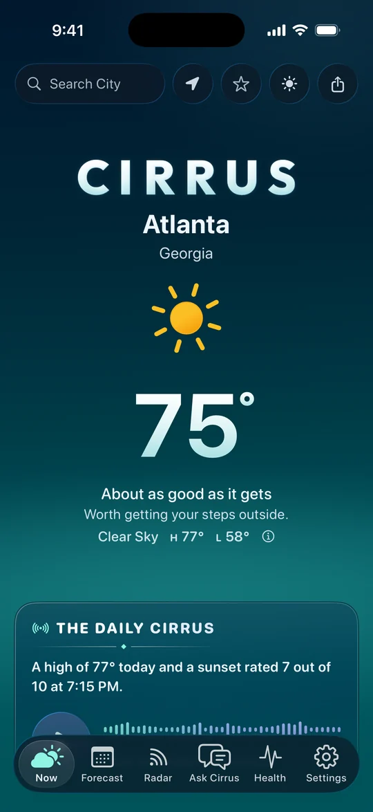 Cirrus at midday in dark mode, in Atlanta: navy into lagoon teal, 75 degrees and a clear sky.