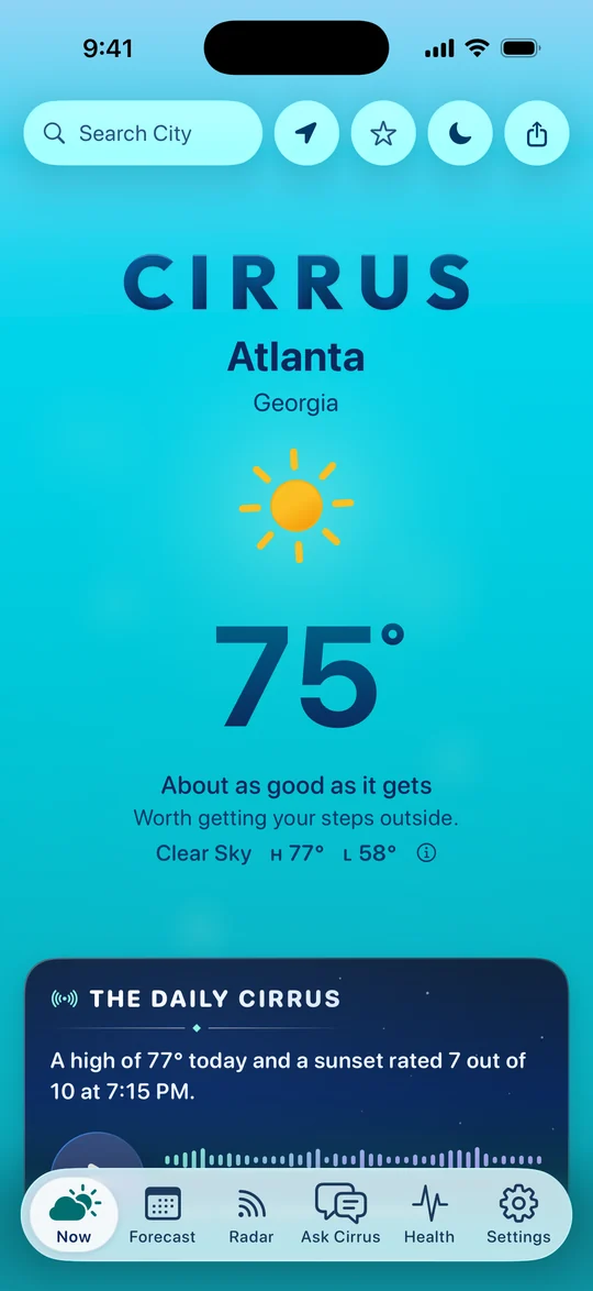 Cirrus at midday in light mode, in Atlanta: the bright aqua sky, 75 degrees and a clear sky, high 77, low 58. About as good as it gets.