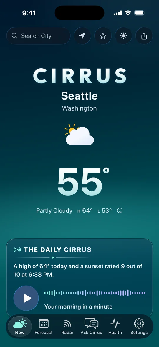 Cirrus in the morning in dark mode, in Seattle: navy into deep teal, 55 degrees and partly cloudy.