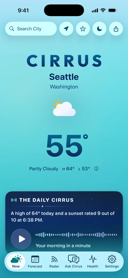 Cirrus in the morning in light mode, in Seattle: a clear aqua sky, 55 degrees and partly cloudy, high 64, low 53, with the Daily Cirrus card below: a sunset rated 9 out of 10 at 6:38 PM.