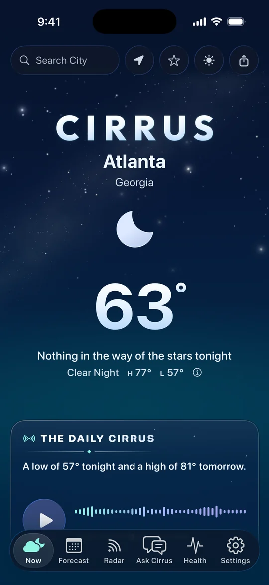 Cirrus at night in dark mode, in Atlanta: navy full of stars, 63 degrees and a clear night.