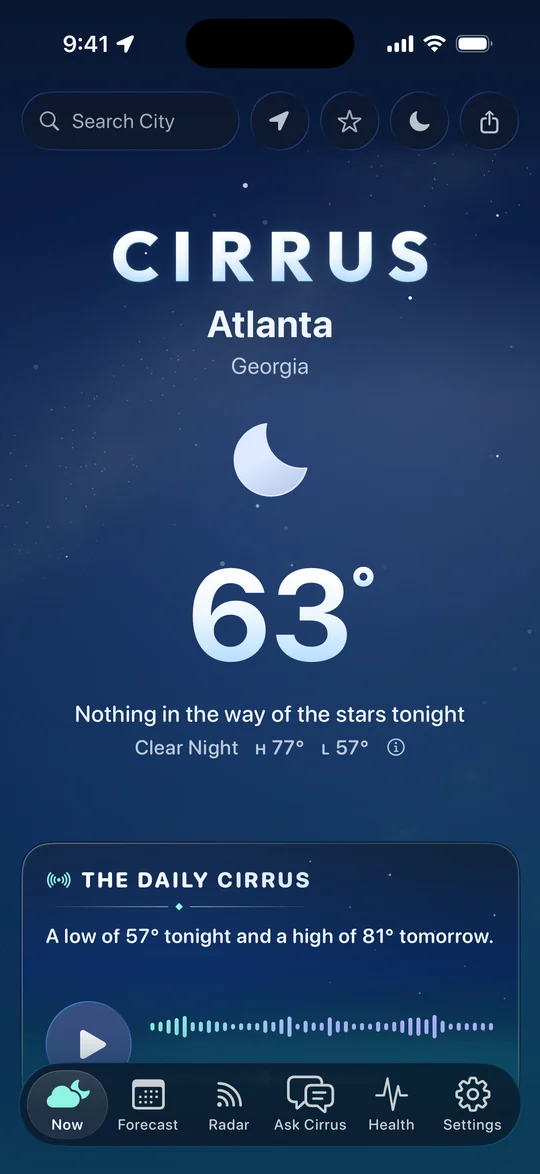 Cirrus at night in light mode, in Atlanta: a navy sky with stars and the moon, 63 degrees and a clear night, nothing in the way of the stars tonight.