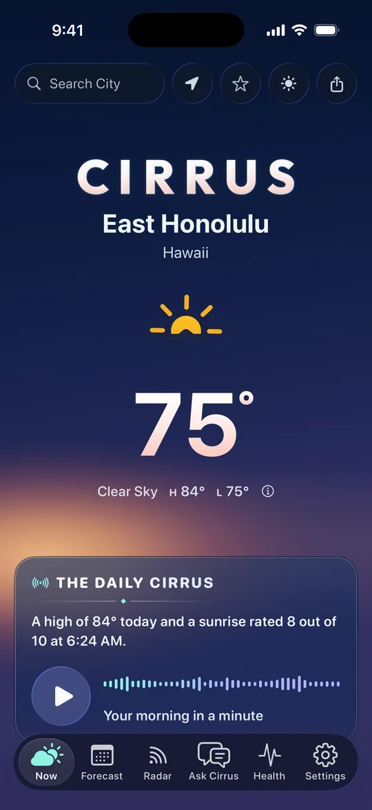 Cirrus at sunrise in dark mode, in East Honolulu: navy into a soft violet glow low in the sky, 75 degrees and a clear sky.