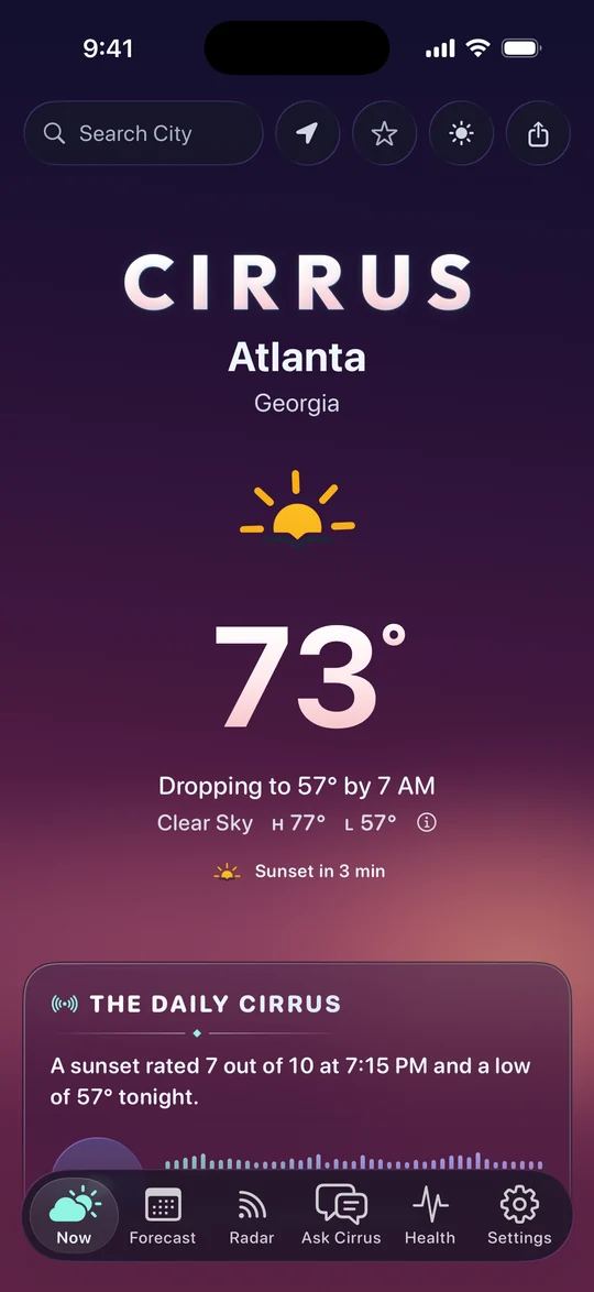 Cirrus at sunset in dark mode, in Atlanta: deep plum into rose, 73 degrees.