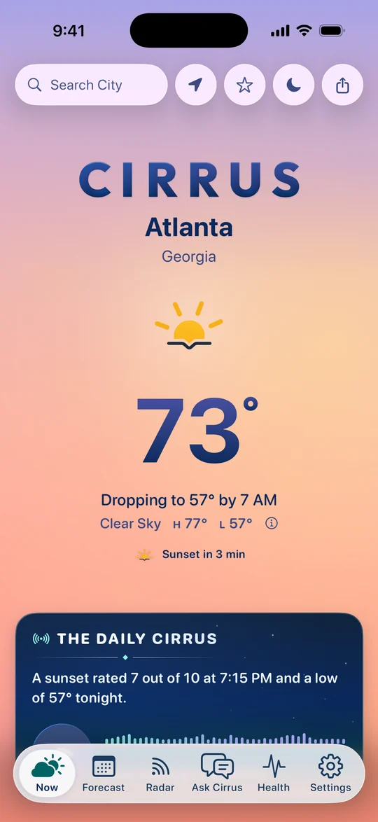 Cirrus at sunset in light mode, in Atlanta: lilac into coral, 73 degrees and a clear sky, sunset in 3 minutes.