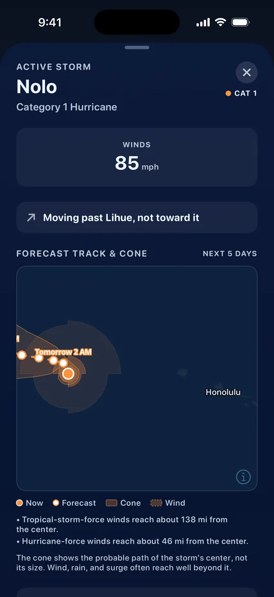 The Active Storm detail in Cirrus: Hurricane Nolo, Category 1, winds of 85 miles per hour, moving past Lihue, not toward it. The map shows the forecast track and cone for the next 5 days west of the Hawaiian Islands, with Honolulu labeled, and how far the storm’s winds reach.