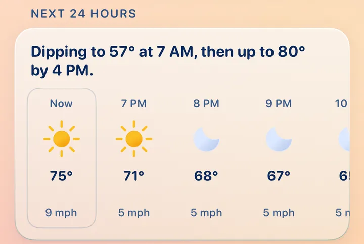 Next 24 Hours in Atlanta at 6:40 PM: dipping to 57 at 7 AM, then up to 80 by 4 PM. Now 75, 7 PM 71, 8 PM 68, 9 PM 67.
