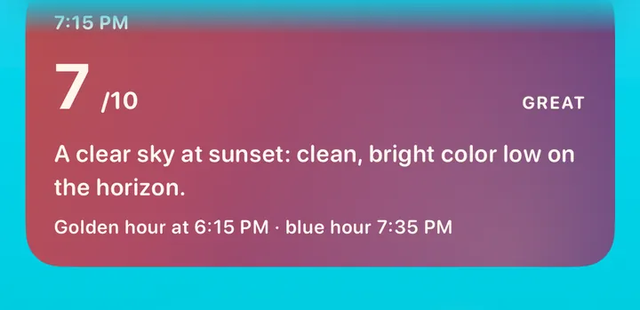 Tonight’s Sunset in Atlanta: 7:15 PM, 7 out of 10, great. A clear sky at sunset: clean, bright color low on the horizon. Golden hour at 6:15 PM, blue hour 7:35 PM.