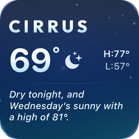 The Current Weather widget at night: 69 degrees, high 77, low 57, on a navy sky with stars. Dry tonight, and Wednesday is sunny with a high of 81.