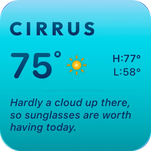 The Current Weather widget by day: 75 degrees and sunny, high 77, low 58. Hardly a cloud up there, so sunglasses are worth having today.