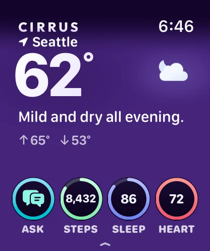 Cirrus on Apple Watch at dusk in Seattle: a deep violet face, 62 degrees, mild and dry all evening, high 65 and low 53, with the rings for Ask, Steps, Sleep, and Heart.