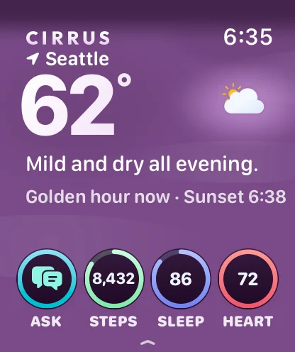 Cirrus on Apple Watch at golden hour in Seattle: a purple face, 62 degrees, mild and dry all evening, golden hour now and sunset at 6:38, with the rings for Ask, Steps, Sleep, and Heart.