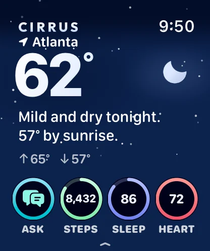 Cirrus on Apple Watch at night in Atlanta: a navy face with stars and a crescent moon, 62 degrees, mild and dry tonight, 57 by sunrise, high 65 and low 57, with the rings for Ask, Steps, Sleep, and Heart.