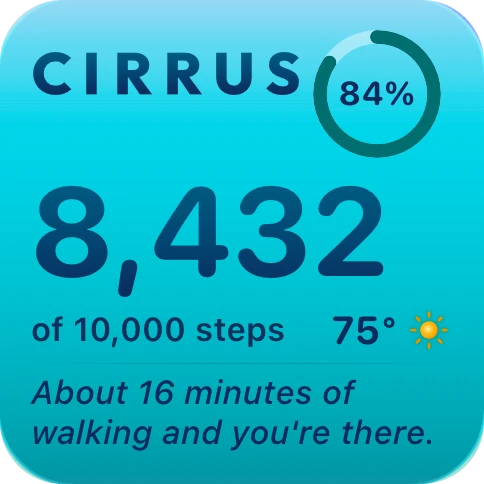 The Steps widget by day: 8,432 of 10,000 steps, the ring at 84 percent, 75 degrees. About 16 minutes of walking and you are there.