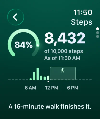 Cirrus on Apple Watch, Steps: 8,432 of 10,000 steps, 84 percent, as of 11:50 AM, with the day’s steps hour by hour. A 16-minute walk finishes it.