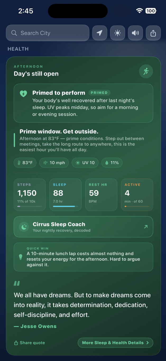 Cirrus Health showing daily readiness, steps, sleep score and UV outlook