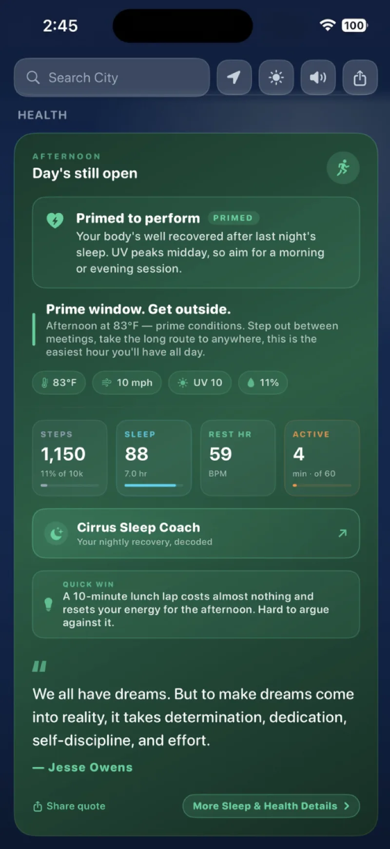 Cirrus Health showing daily readiness, steps, sleep score and UV outlook