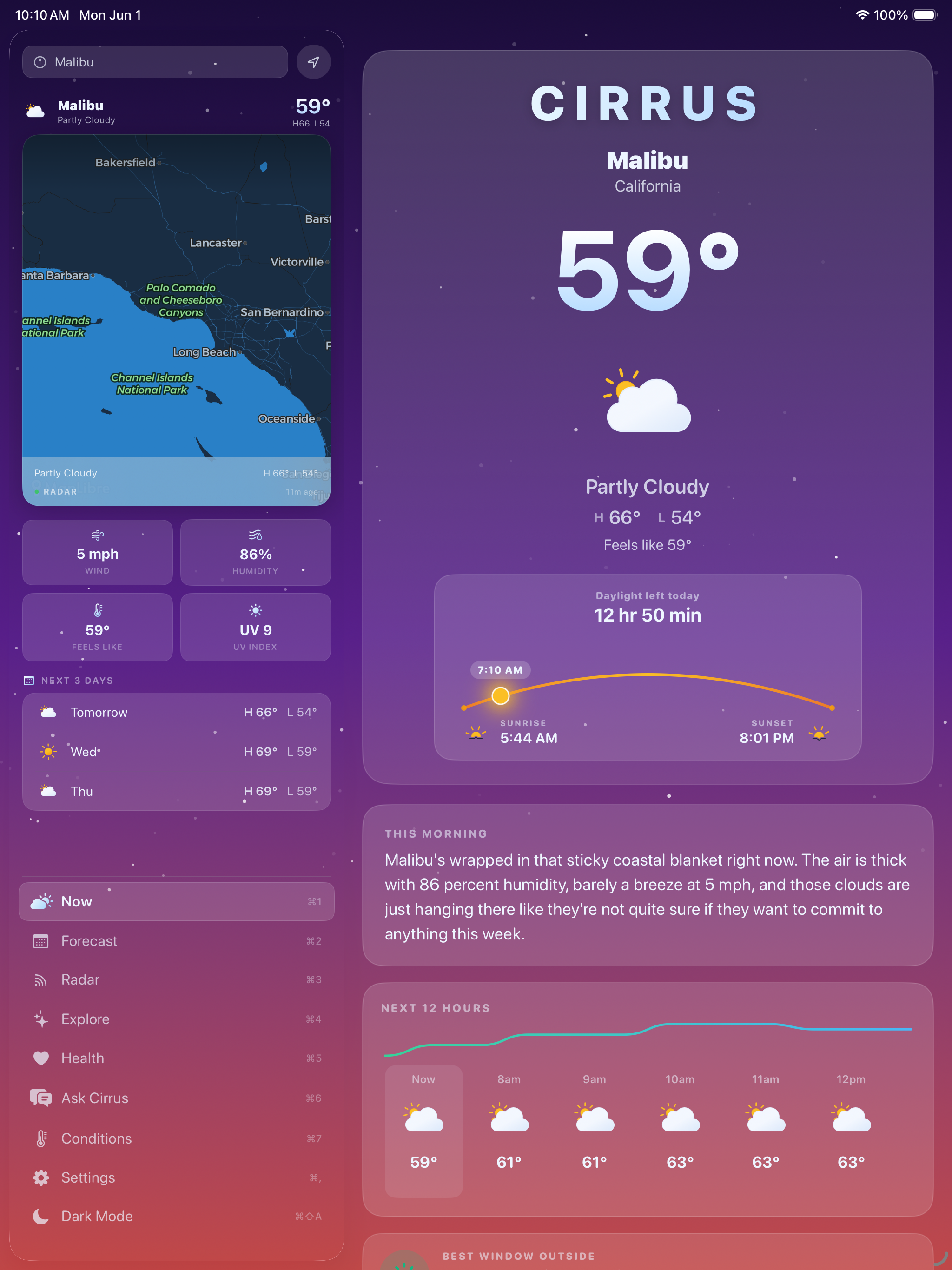Cirrus Weather on iPad at twilight