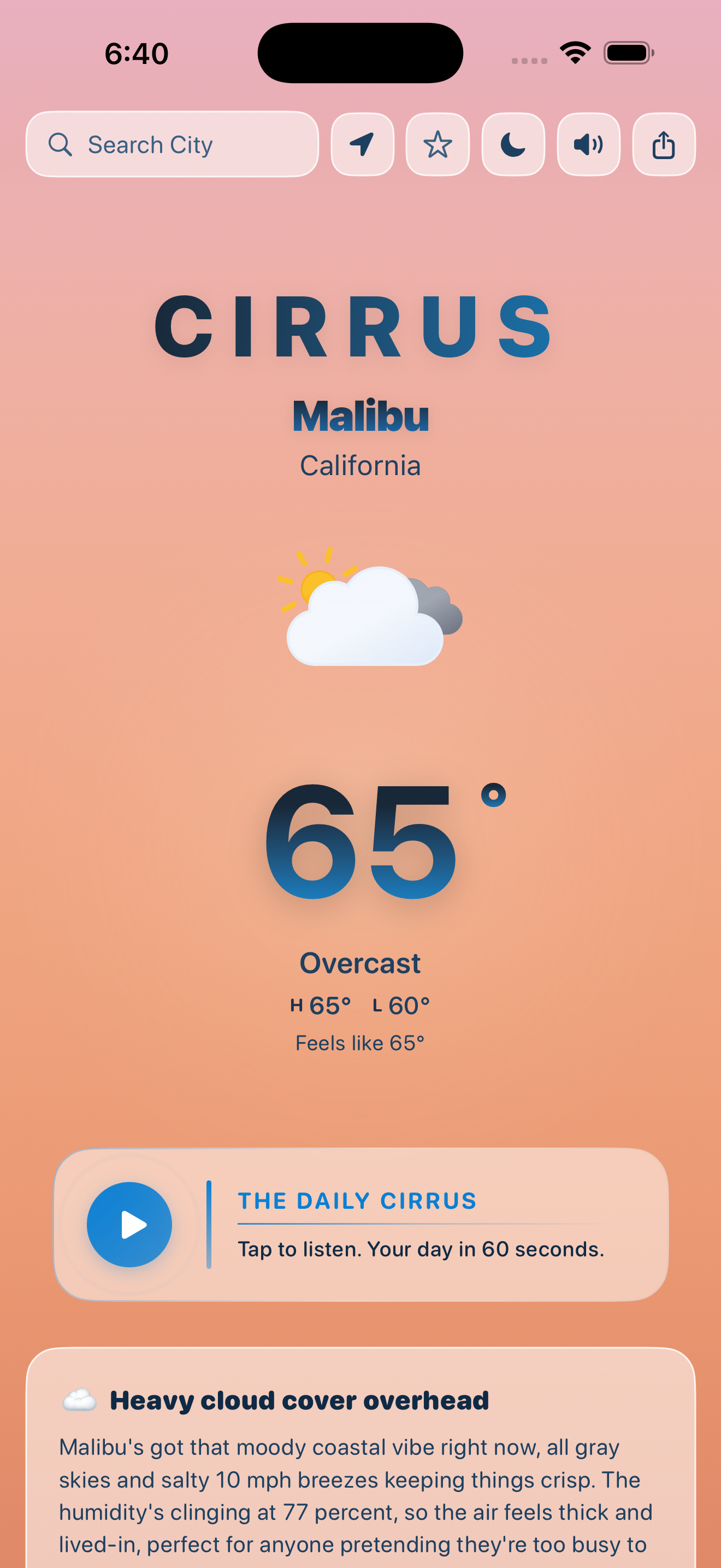 Cirrus Weather on iPhone — dawn sky