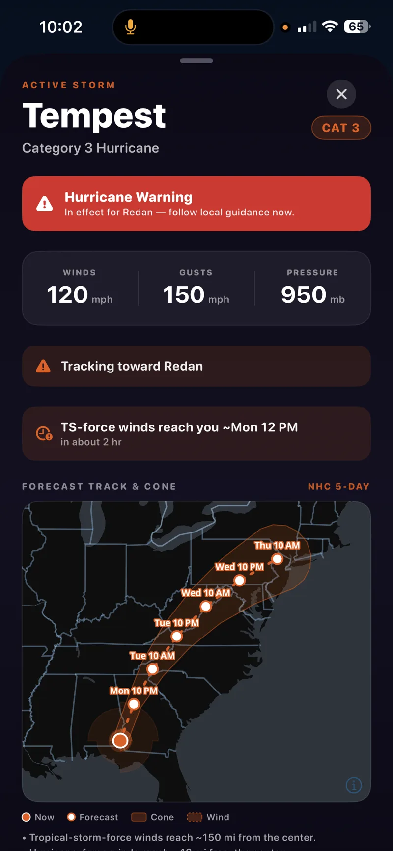 Active storm card showing Hurricane Tempest with NHC cone, wind arrival countdown, and hazard breakdown