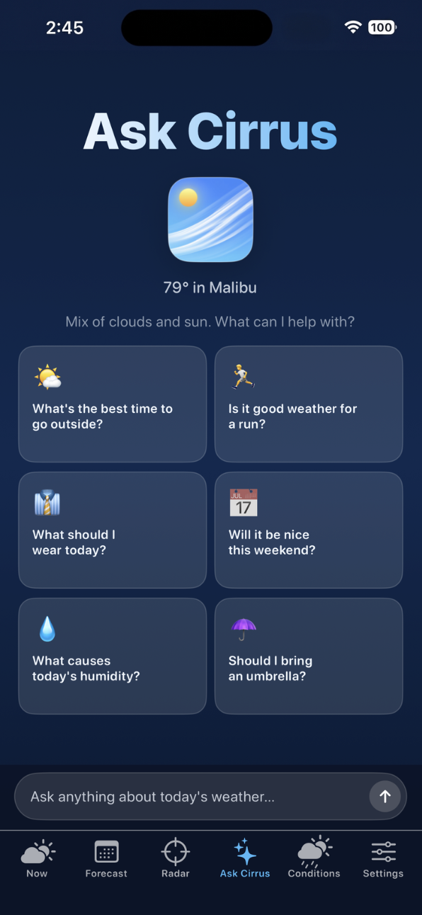 Ask Cirrus AI weather assistant with suggested questions
