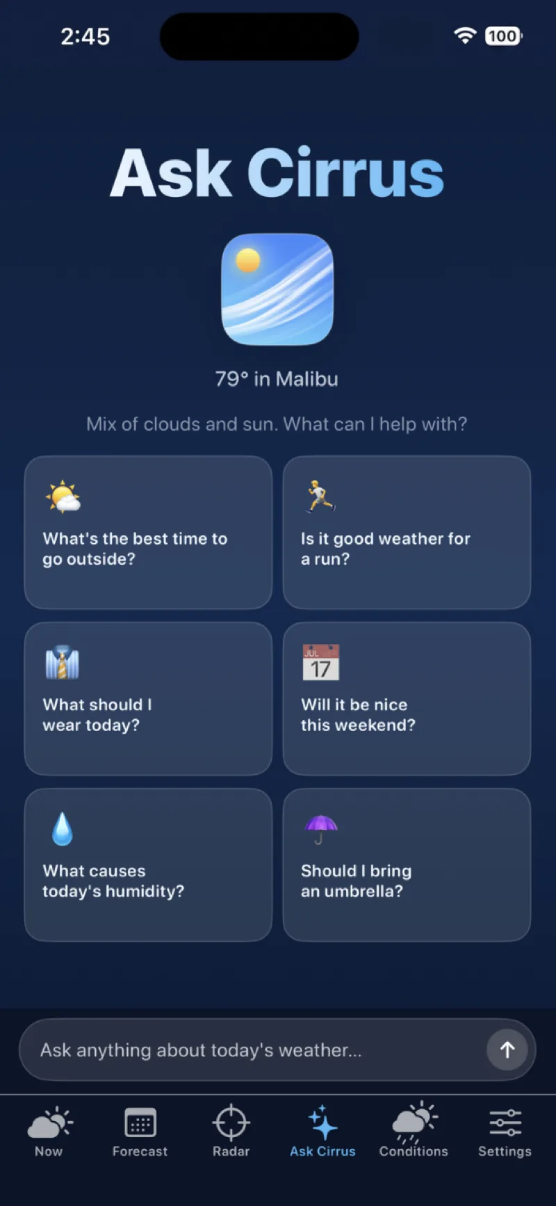 Ask Cirrus AI weather assistant with suggested questions