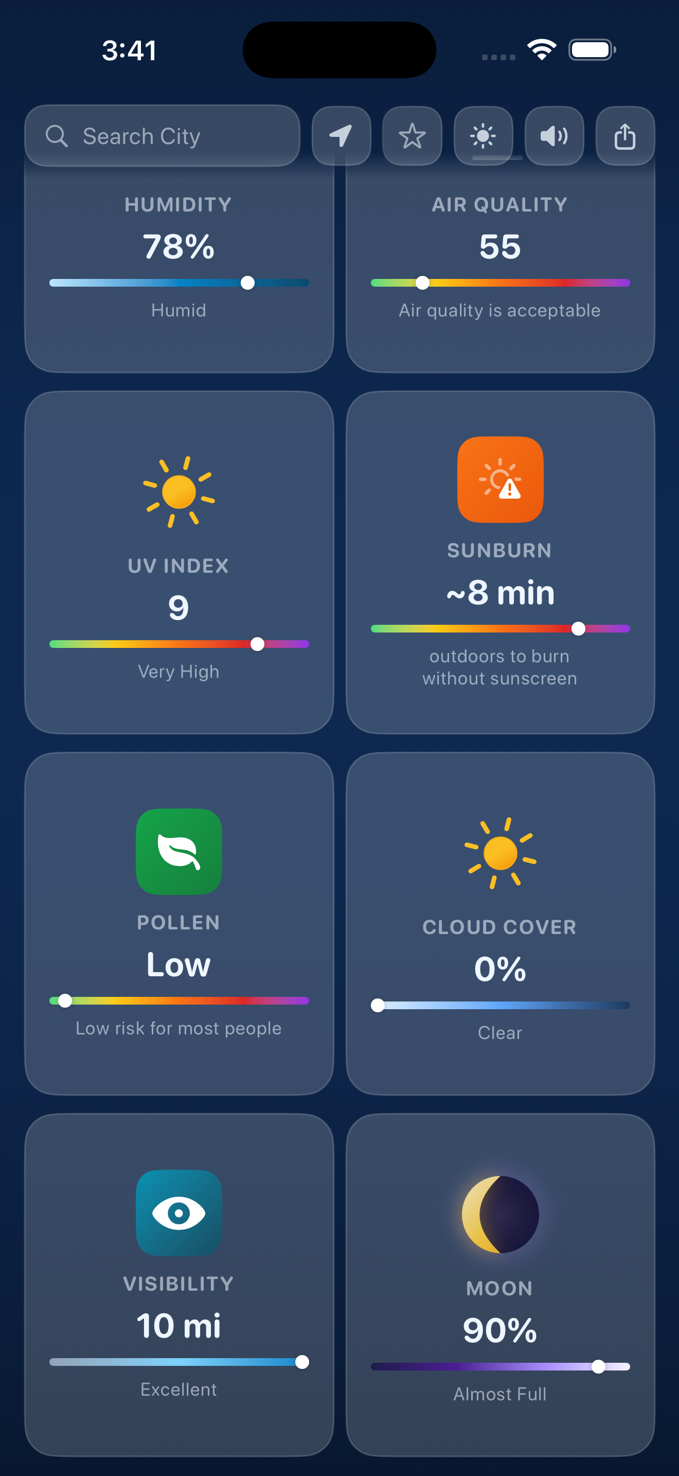 Full conditions grid showing humidity, air quality, UV, sunburn, pollen, visibility and moon