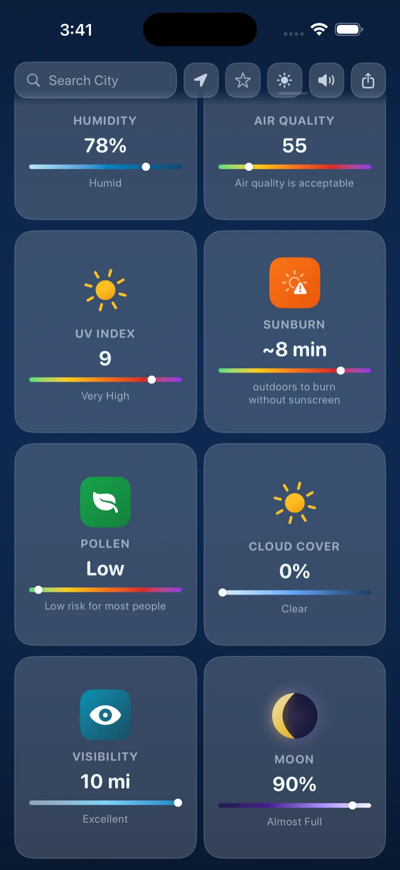 Full conditions grid showing humidity, air quality, UV, sunburn, pollen, visibility and moon