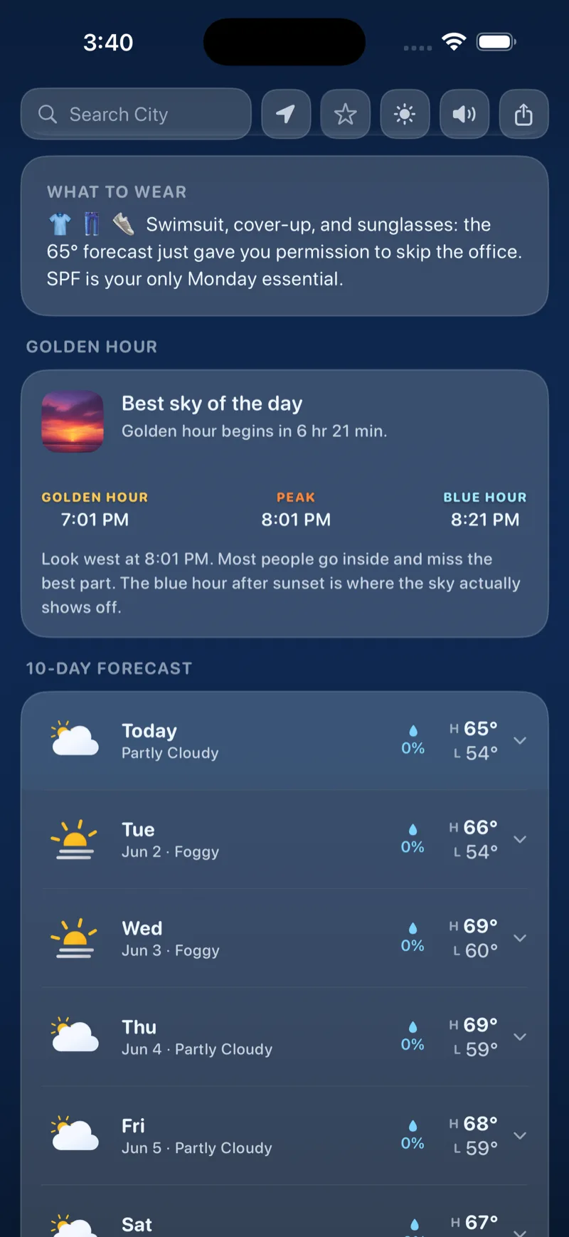 What to Wear AI recommendation with golden hour timing and 10-day forecast