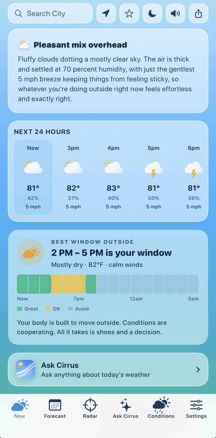 Hourly forecast with the next 24 hours and best window