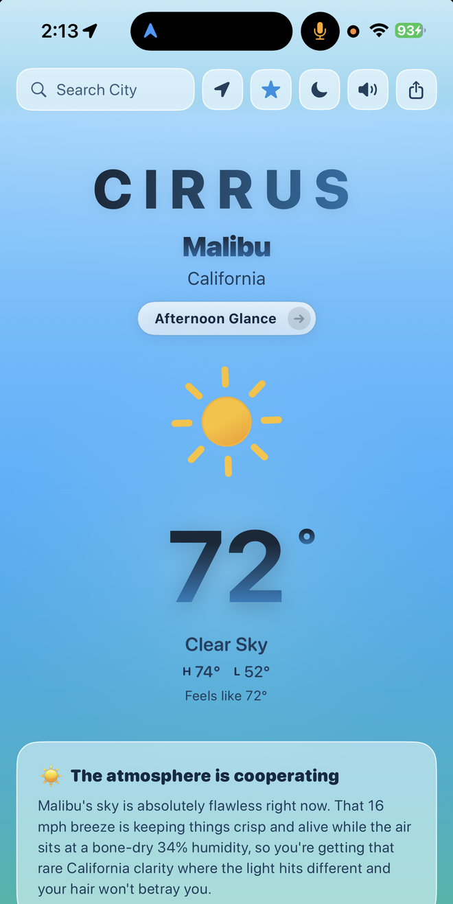 Cirrus Weather showing Malibu, 72° and clear, with an AI morning brief
