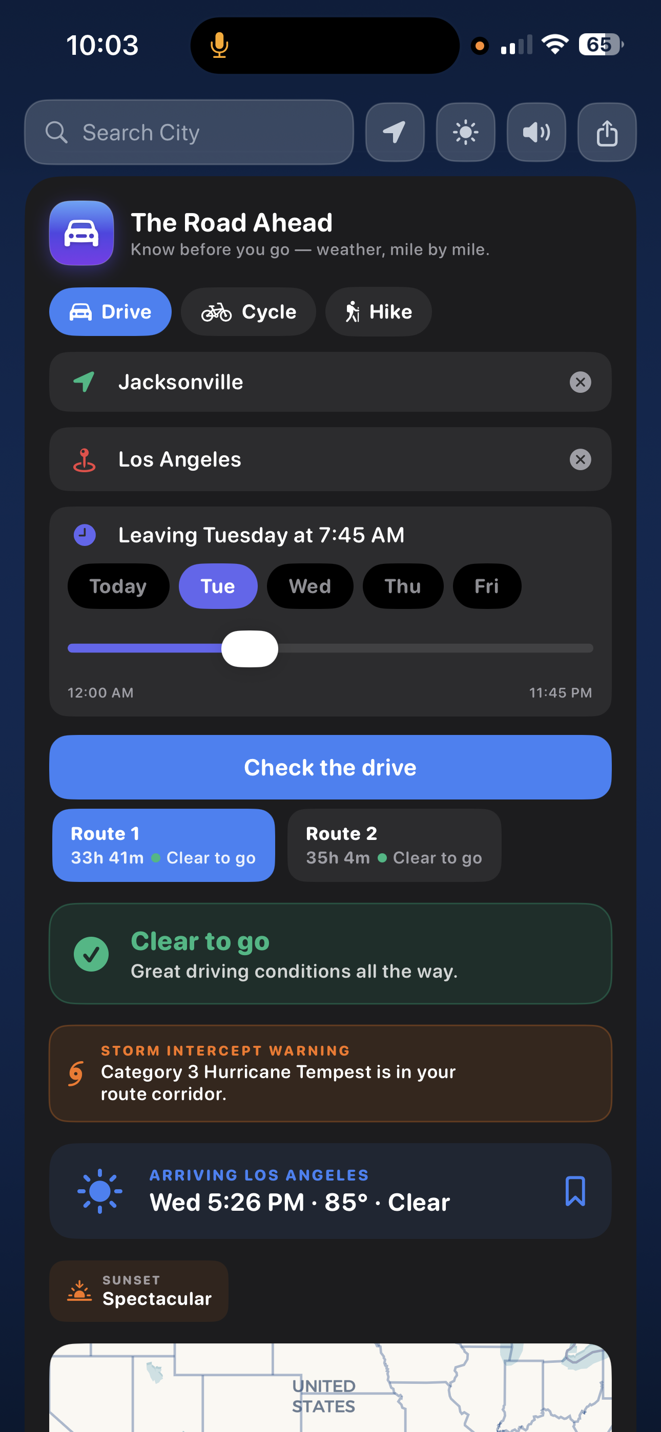 Route planner showing departure, destination, and travel mode selection