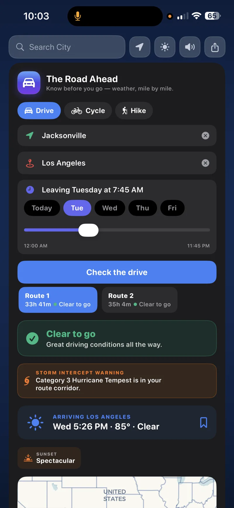 Route planner showing departure, destination, and travel mode selection