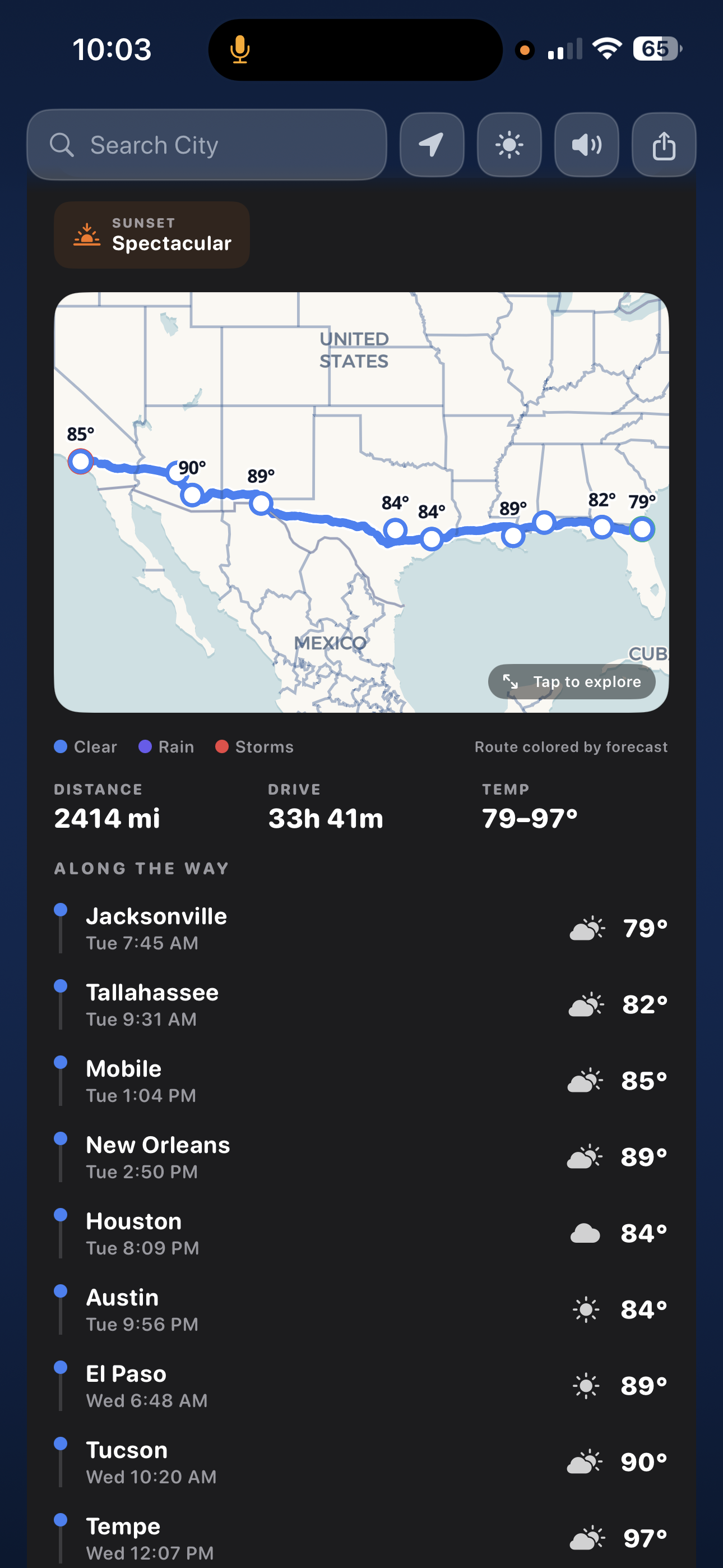 Route weather map showing conditions mile by mile across the US