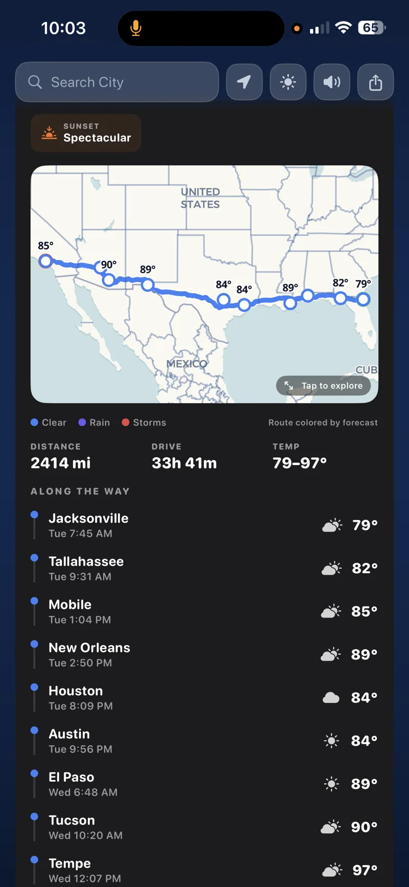 Route weather map showing conditions mile by mile across the US