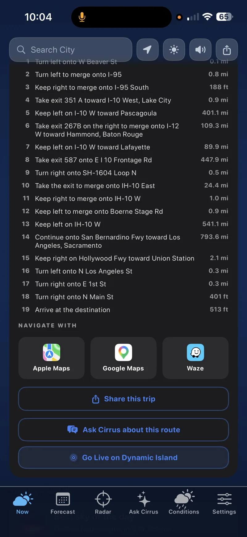 City-by-city weather at actual arrival times along the route